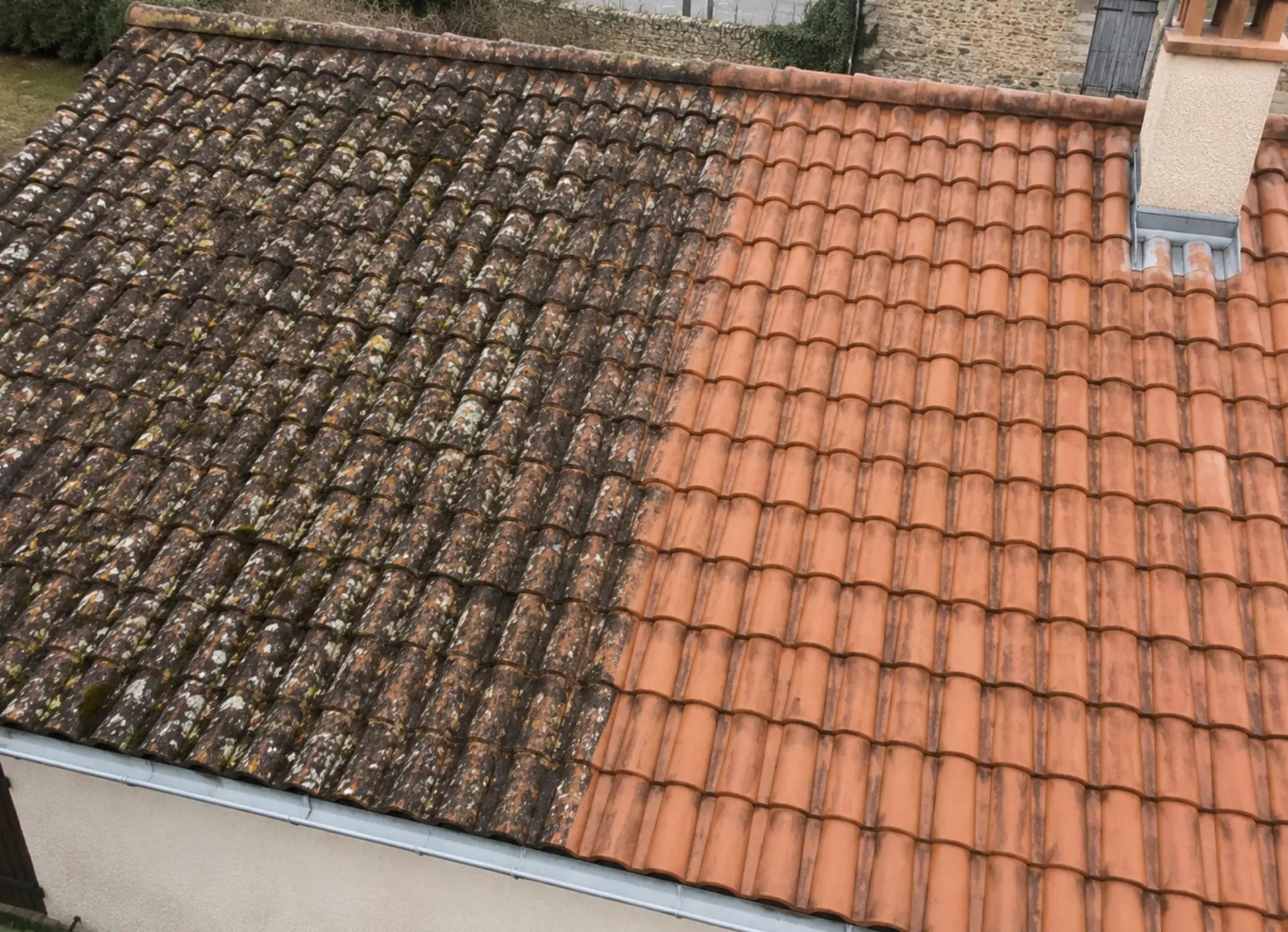 Toiture en tuiles à Cambrai, moitié nettoyée et moitié encore couverte de mousse